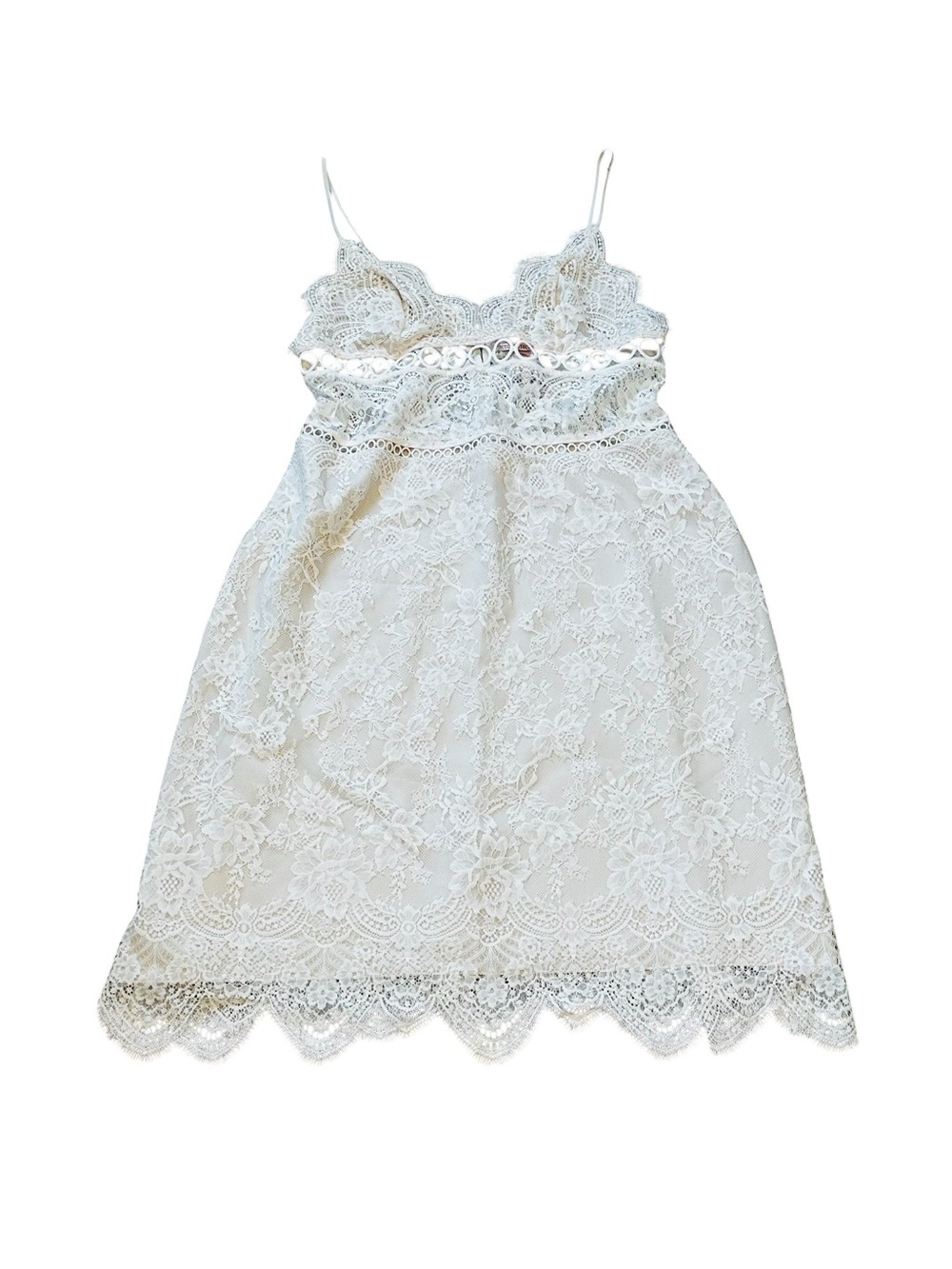 Victoria’s Secret Lace Mini Slip Dress White Floral Lace Tan Scalloped Hem